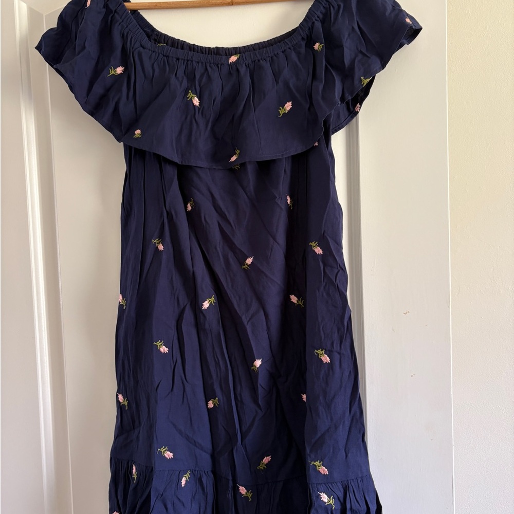 Sugarlips Navy Off-Shoulder Mini Dress with Pink Floral Embroidery